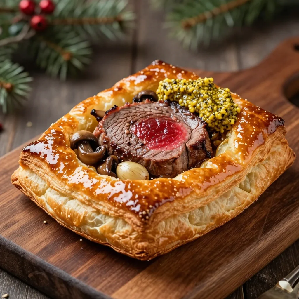 classic beef wellington with herb mustard and puff pastry for christmas
