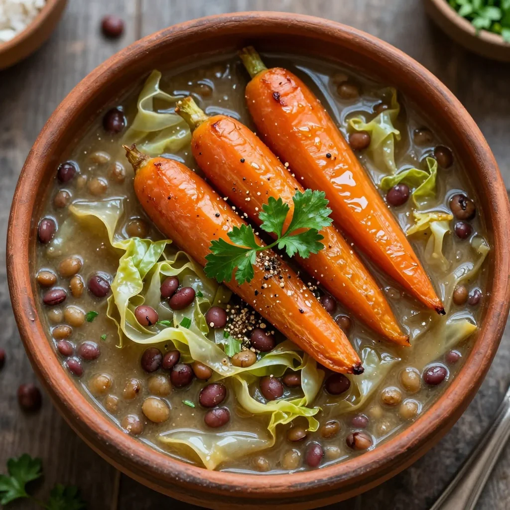 comforting one pot lentil and cabbage soup with roasted carrots