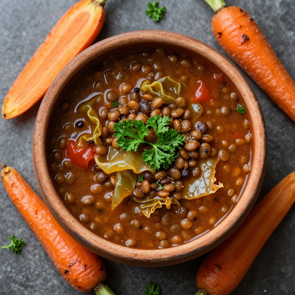 comforting one pot lentil and cabbage soup with roasted carrots