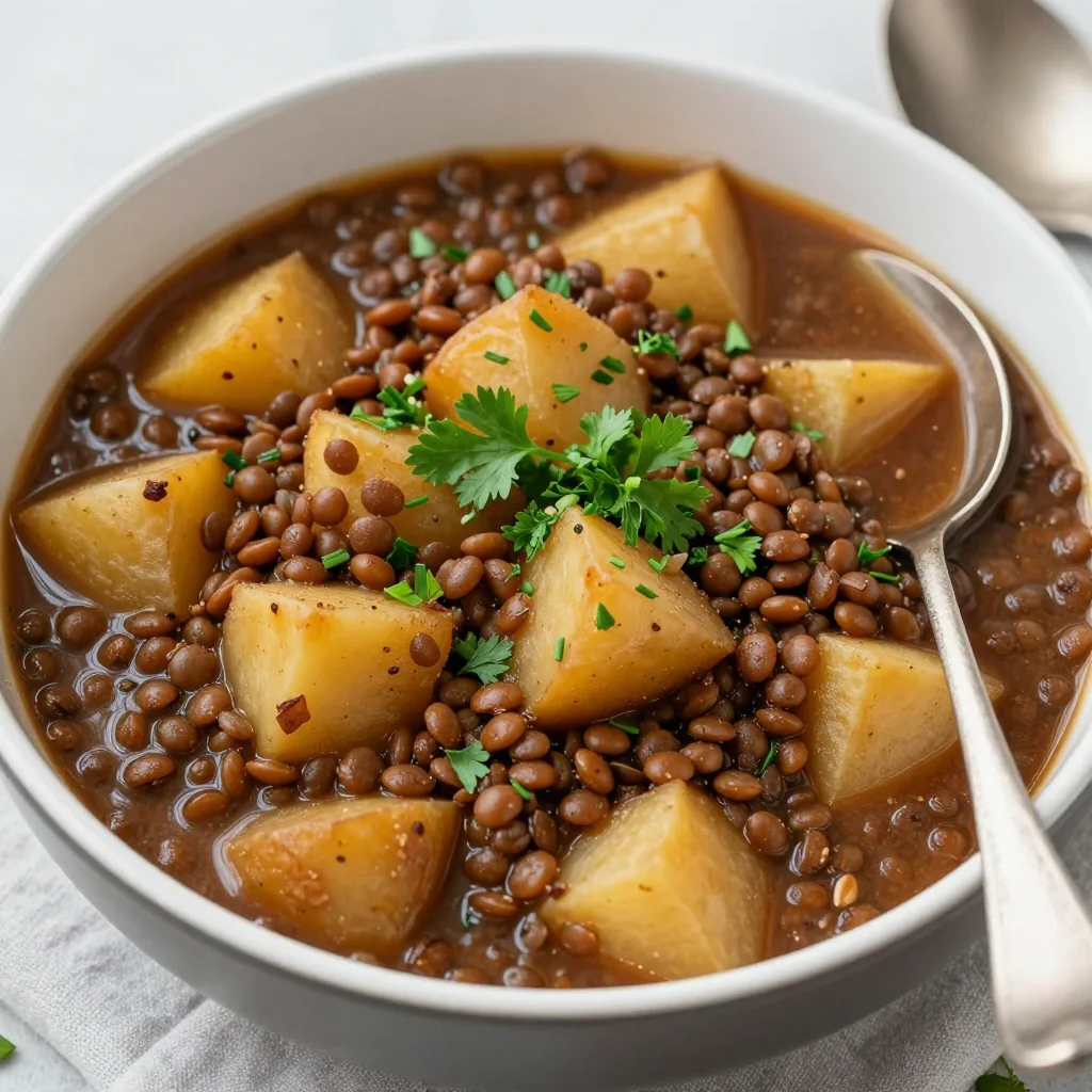 comforting slow cooker lentil and potato stew with fresh herbs