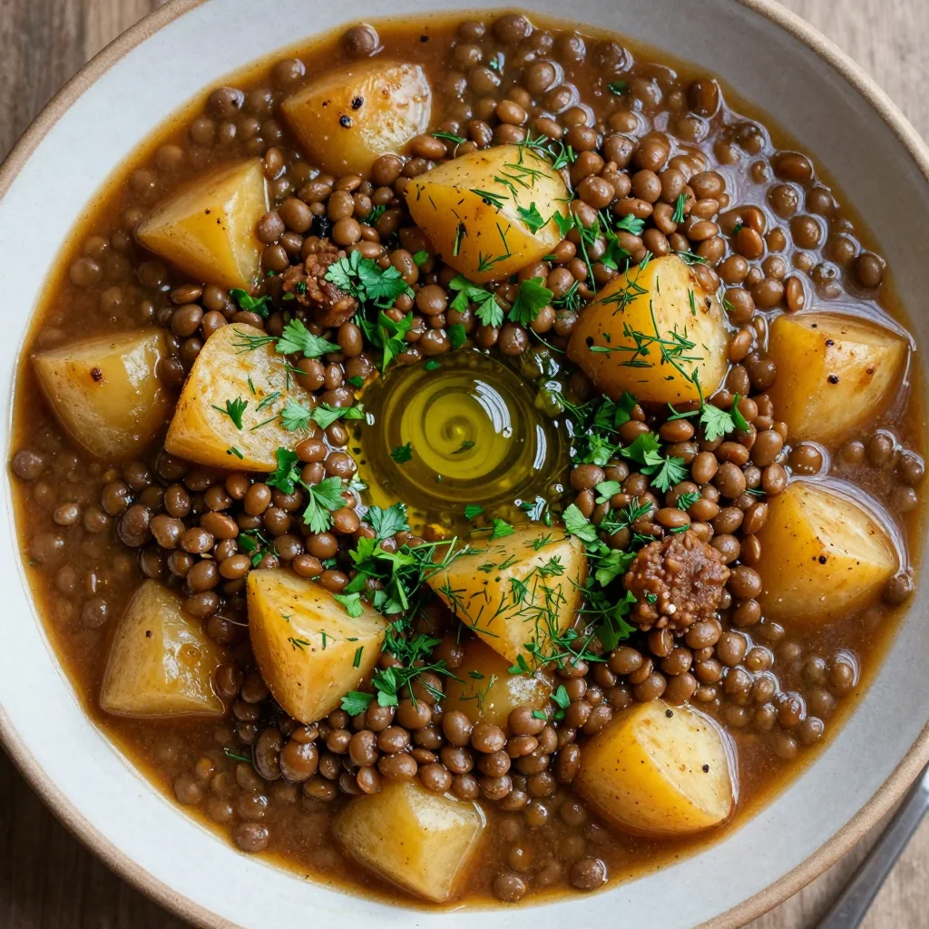 comforting slow cooker lentil and potato stew with fresh herbs