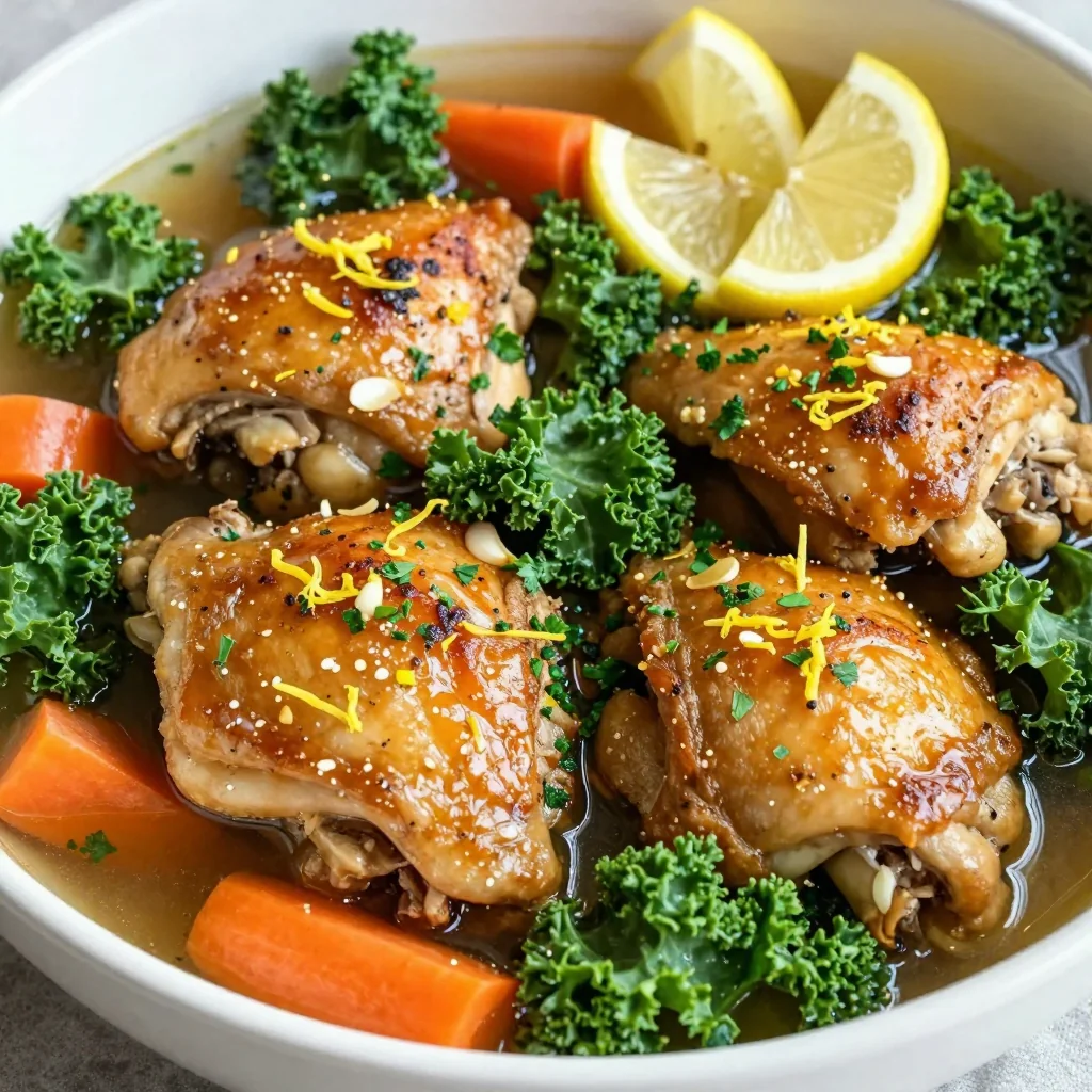 cozy lemon and garlic chicken stew with kale and root vegetables