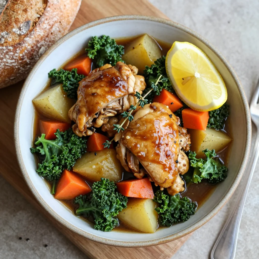 cozy lemon and garlic chicken stew with kale and root vegetables