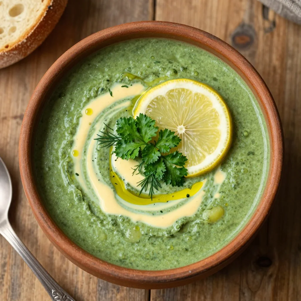 cozy spinach and potato soup with lemon and fresh herbs for january