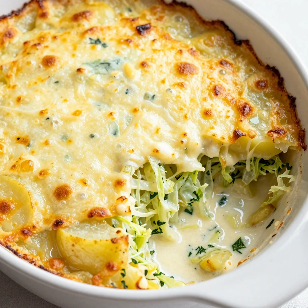 creamy garlic and herb potato and cabbage gratin for family dinners