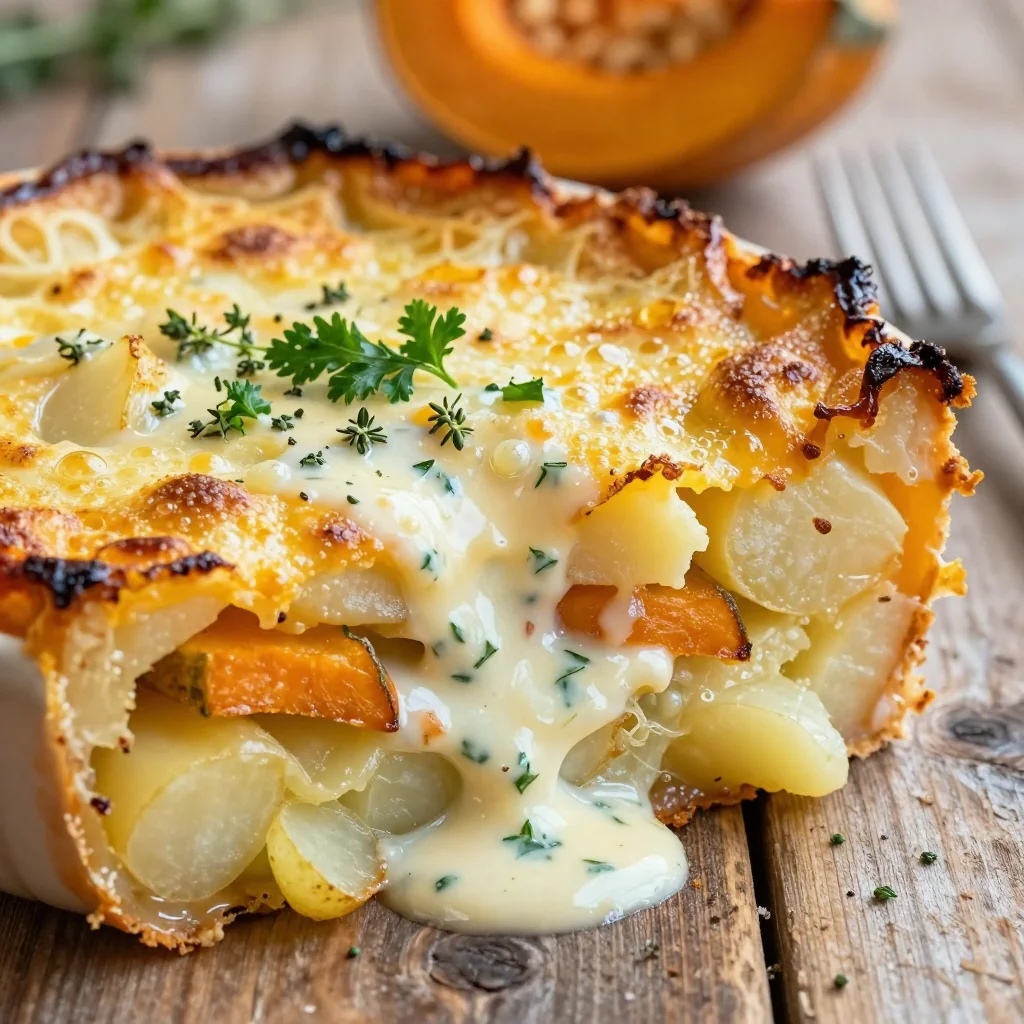 creamy garlic and herb potato gratin with winter squash for family meals