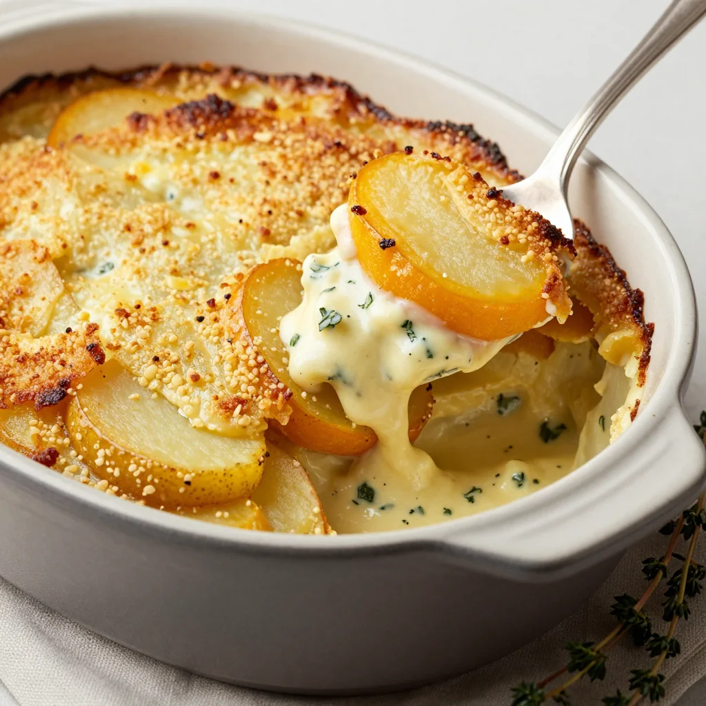 Creamy garlic and herb potato gratin with winter squash