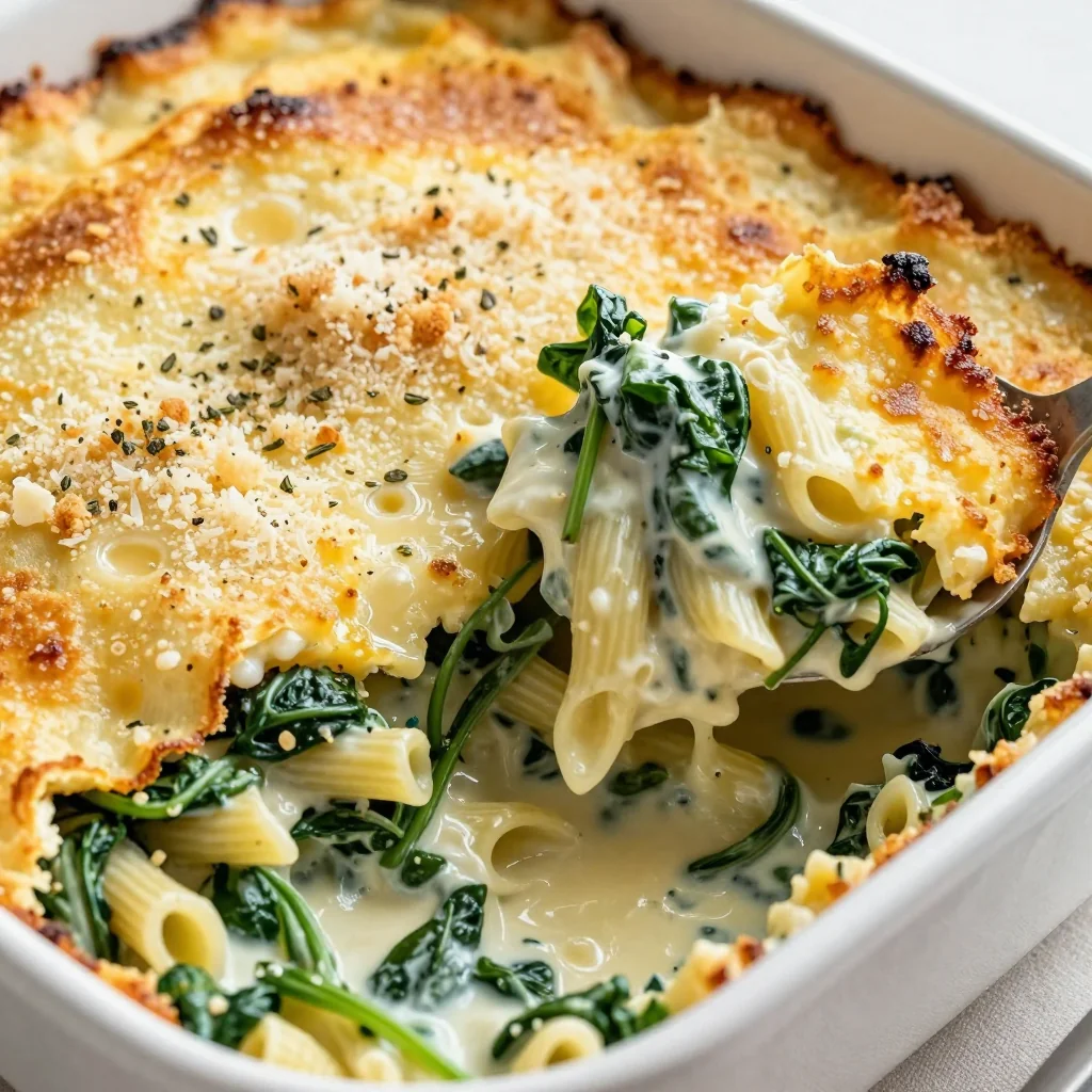 creamy garlic and spinach pasta bake for warm weeknight family meals