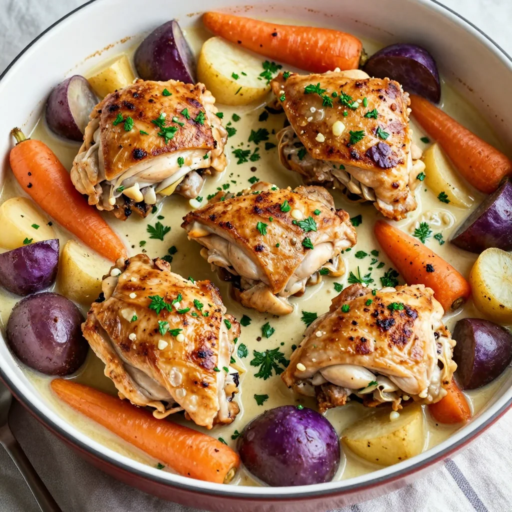 creamy garlic chicken and root vegetable casserole for family meals