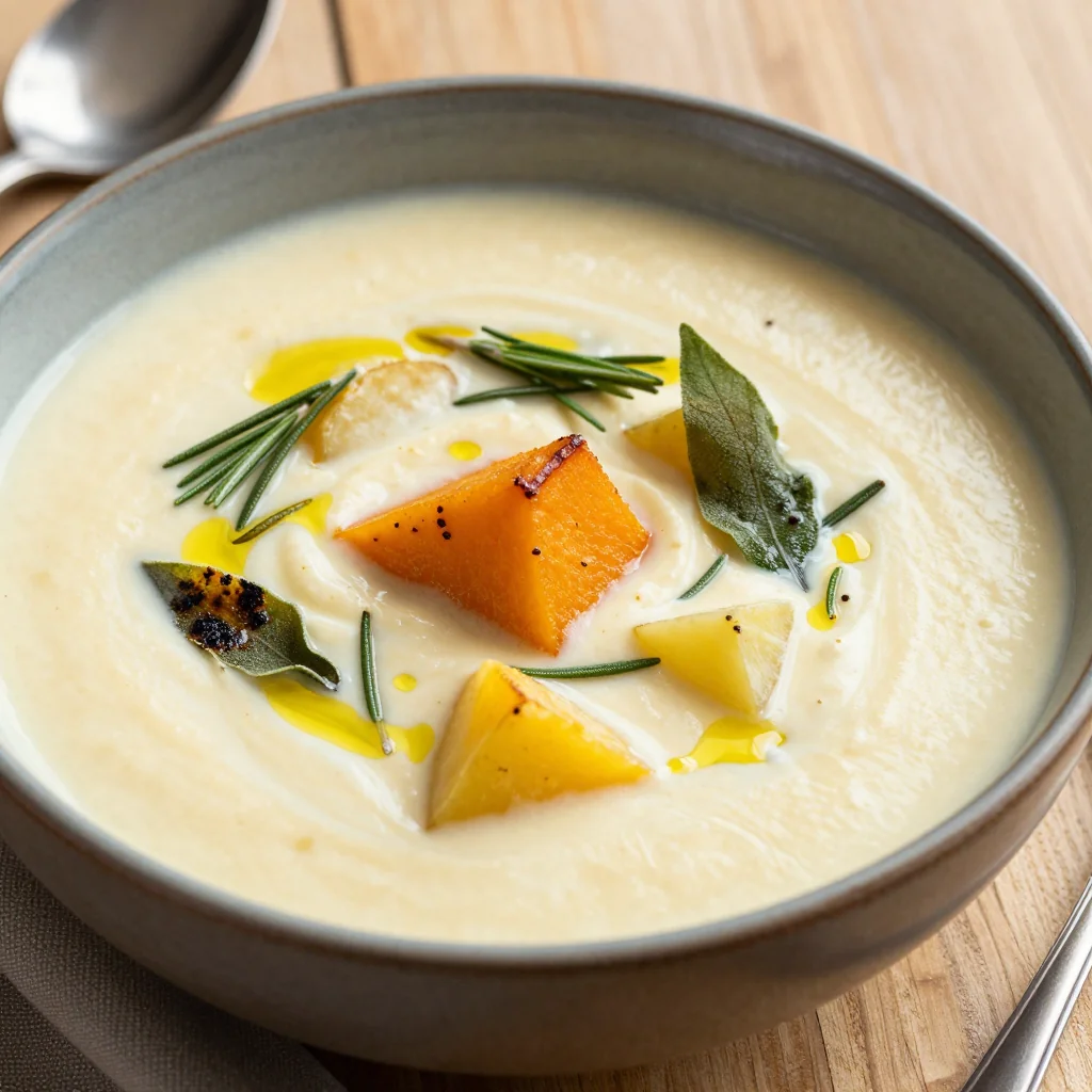 creamy potato and winter squash soup with garlic and rosemary