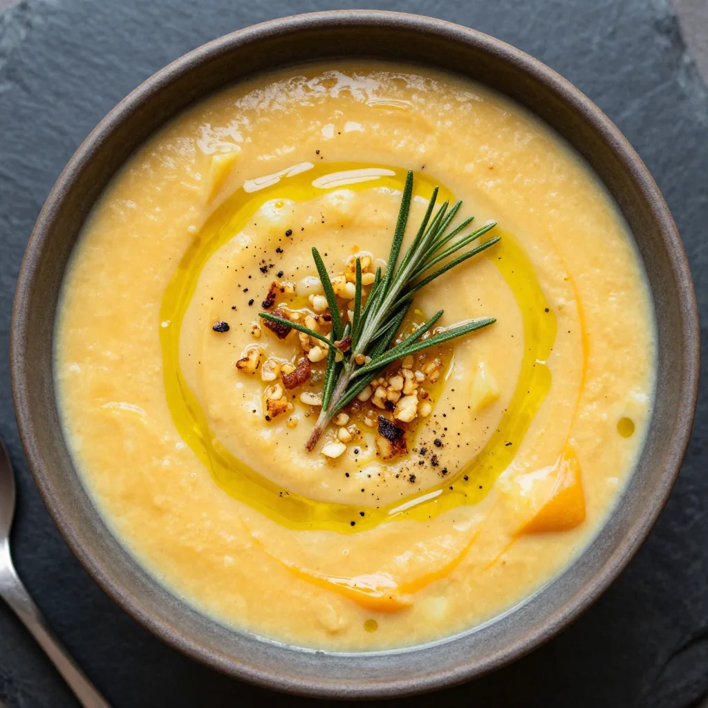creamy potato and winter squash soup with garlic and rosemary