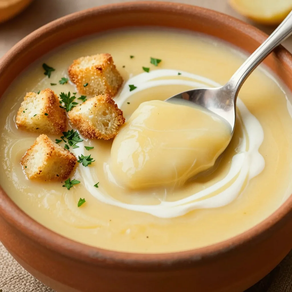 Creamy Potato Leek Soup with Croutons for Lunch