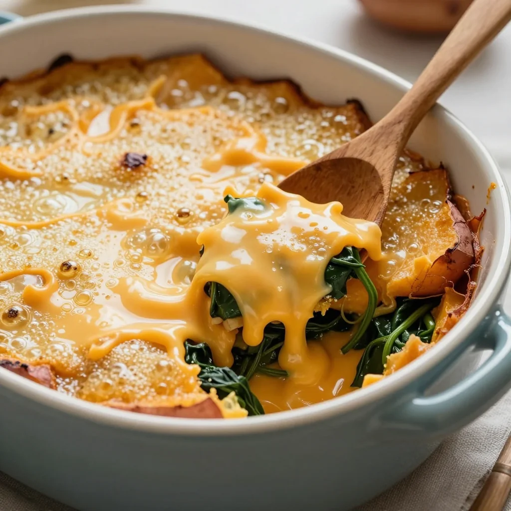 Golden-brown creamy spinach and sweet potato casserole with crispy breadcrumb topping
