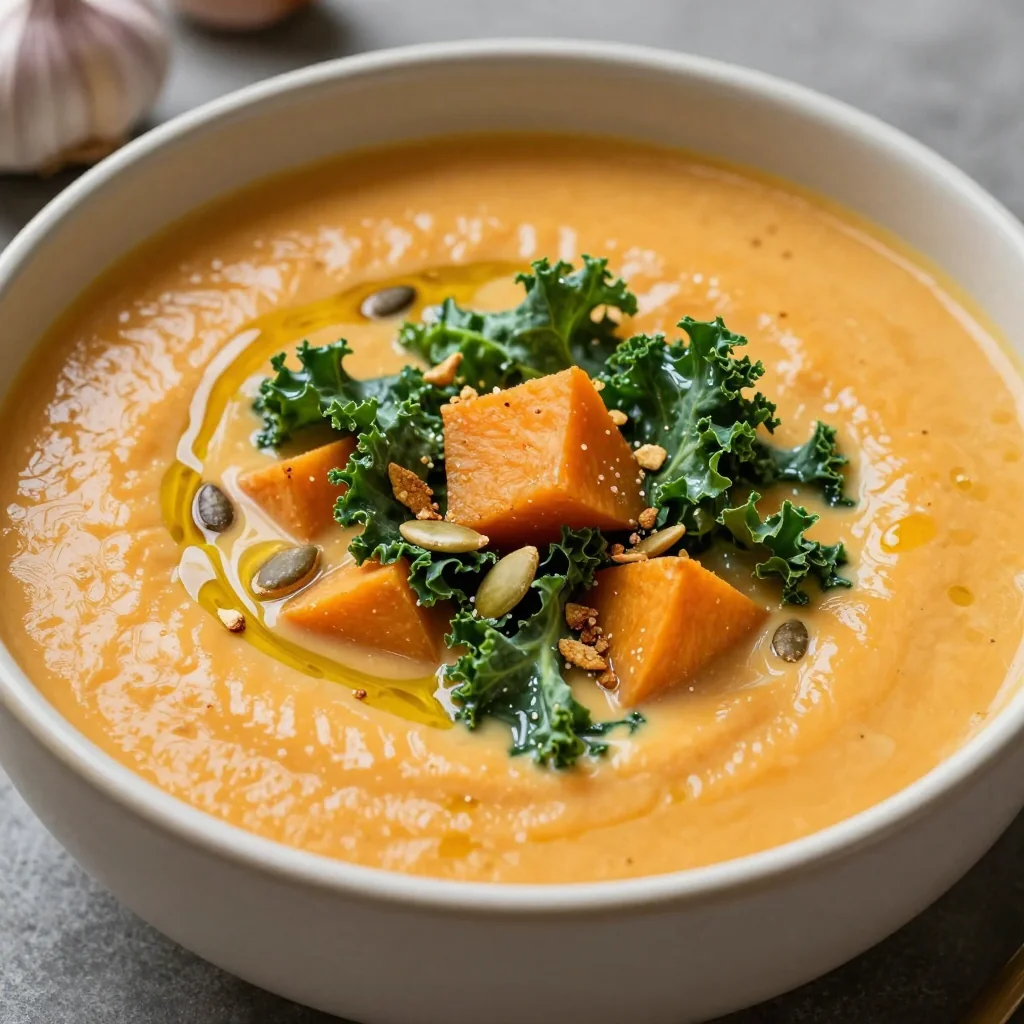 creamy sweet potato and kale soup with garlic for nourishing dinners