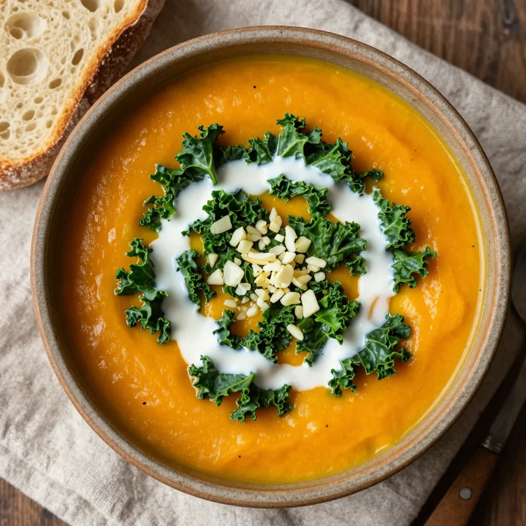 creamy sweet potato and kale soup with garlic for nourishing dinners