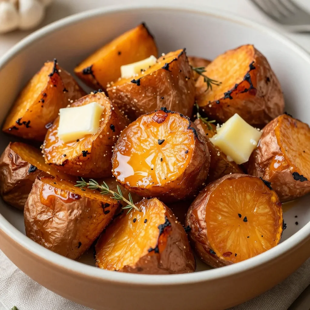 crispy garlic and thyme roasted sweet potatoes for cozy family dinners