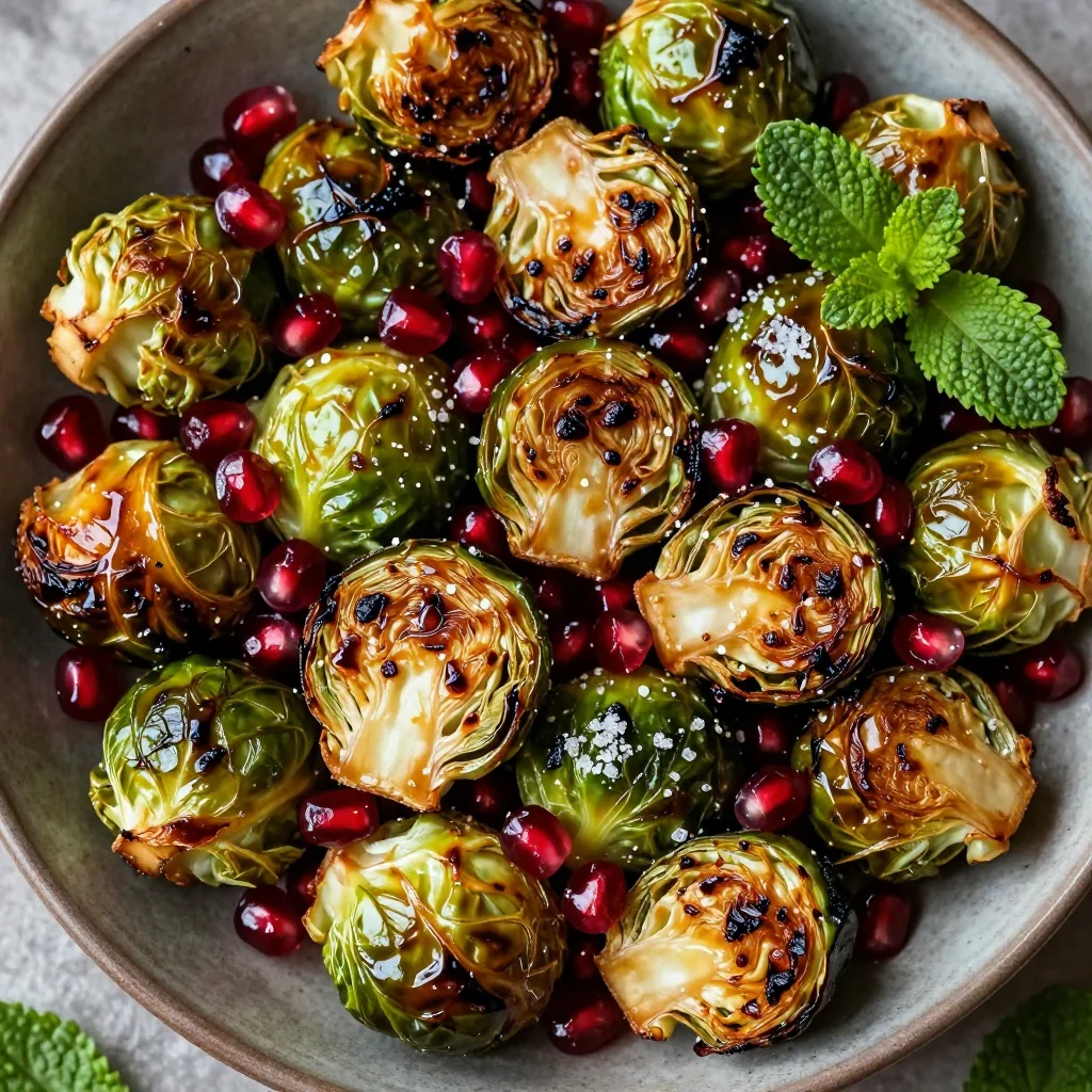 crispy roasted brussels sprouts with pomegranate seeds and glaze