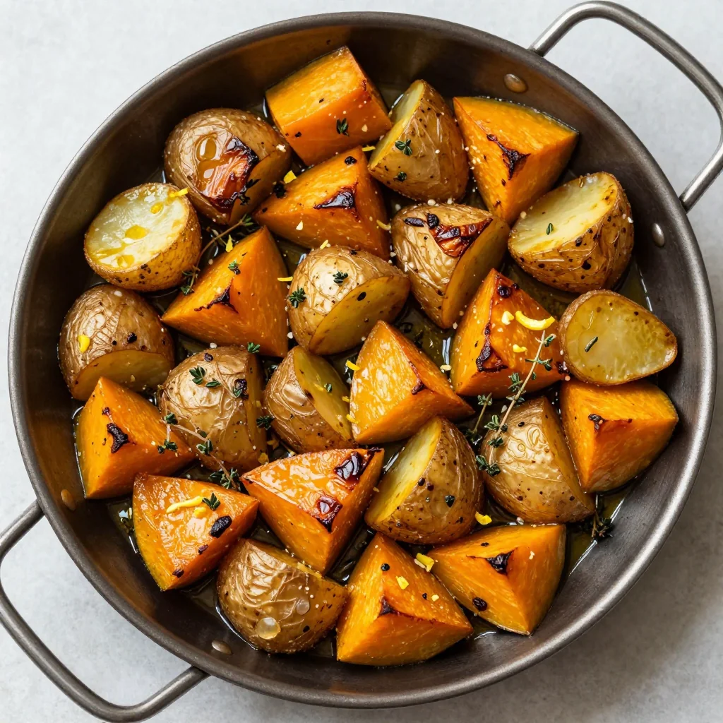 easy lemon garlic roasted winter squash and potatoes for budget meals