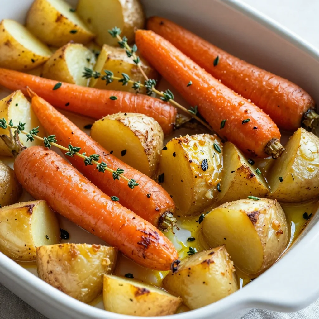 family friendly roasted potato and carrot bake with fresh thyme