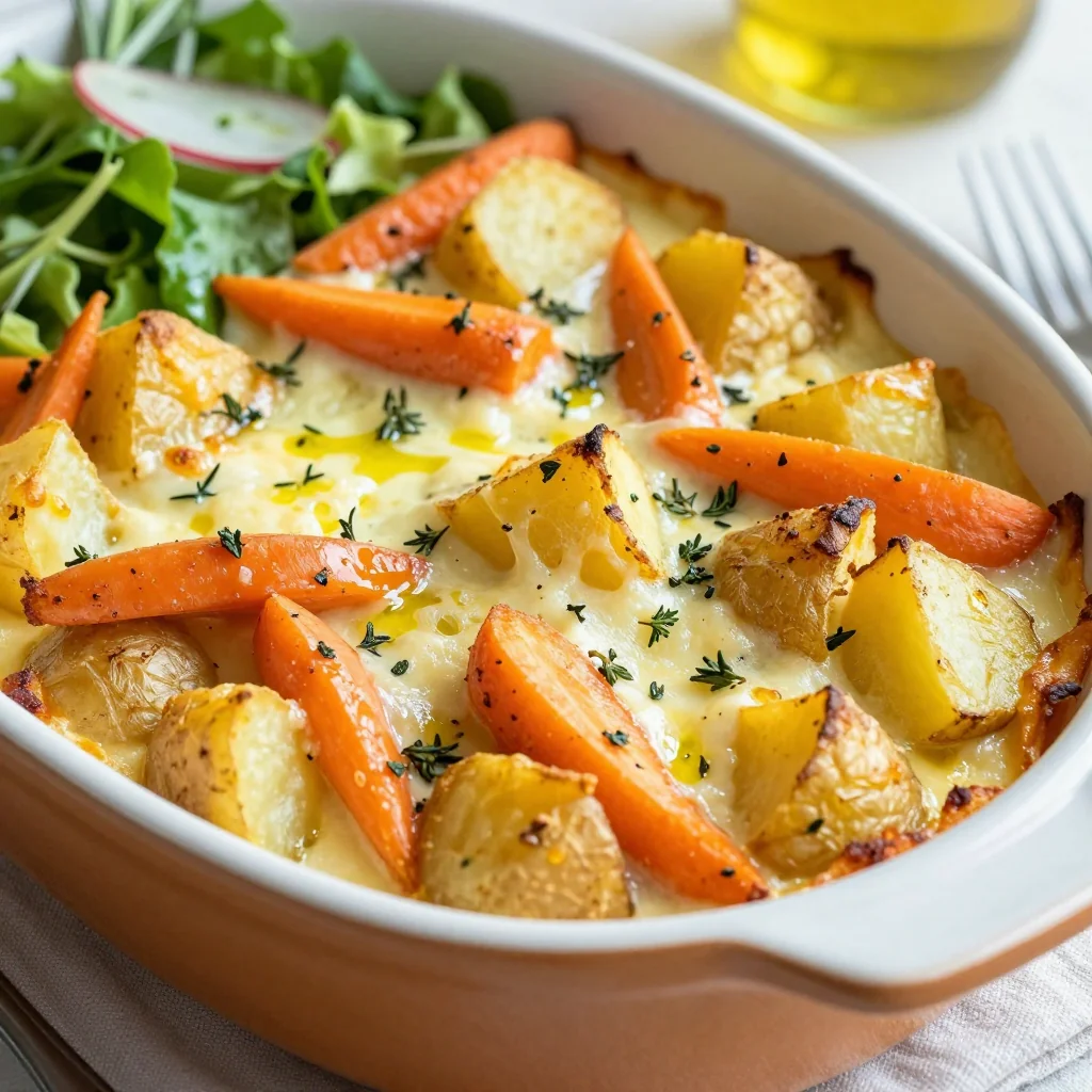 family friendly roasted potato and carrot bake with fresh thyme