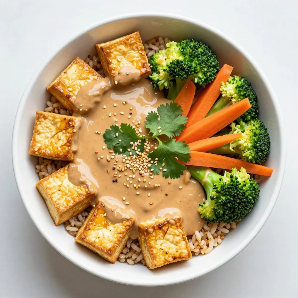 Healthy Crispy Tofu Bowl with Peanut Sauce for Dinner