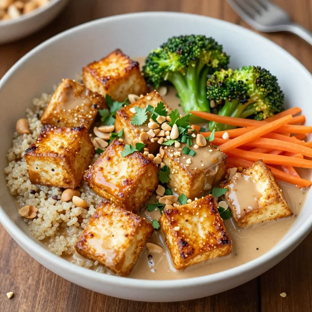 Healthy Crispy Tofu Bowl with Peanut Sauce for Dinner