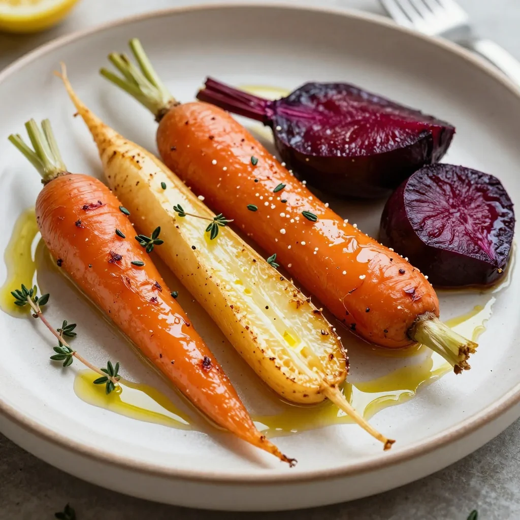 A colorful medley of caramelized roasted root vegetables with lemon wedges and fresh herbs on a white platter
