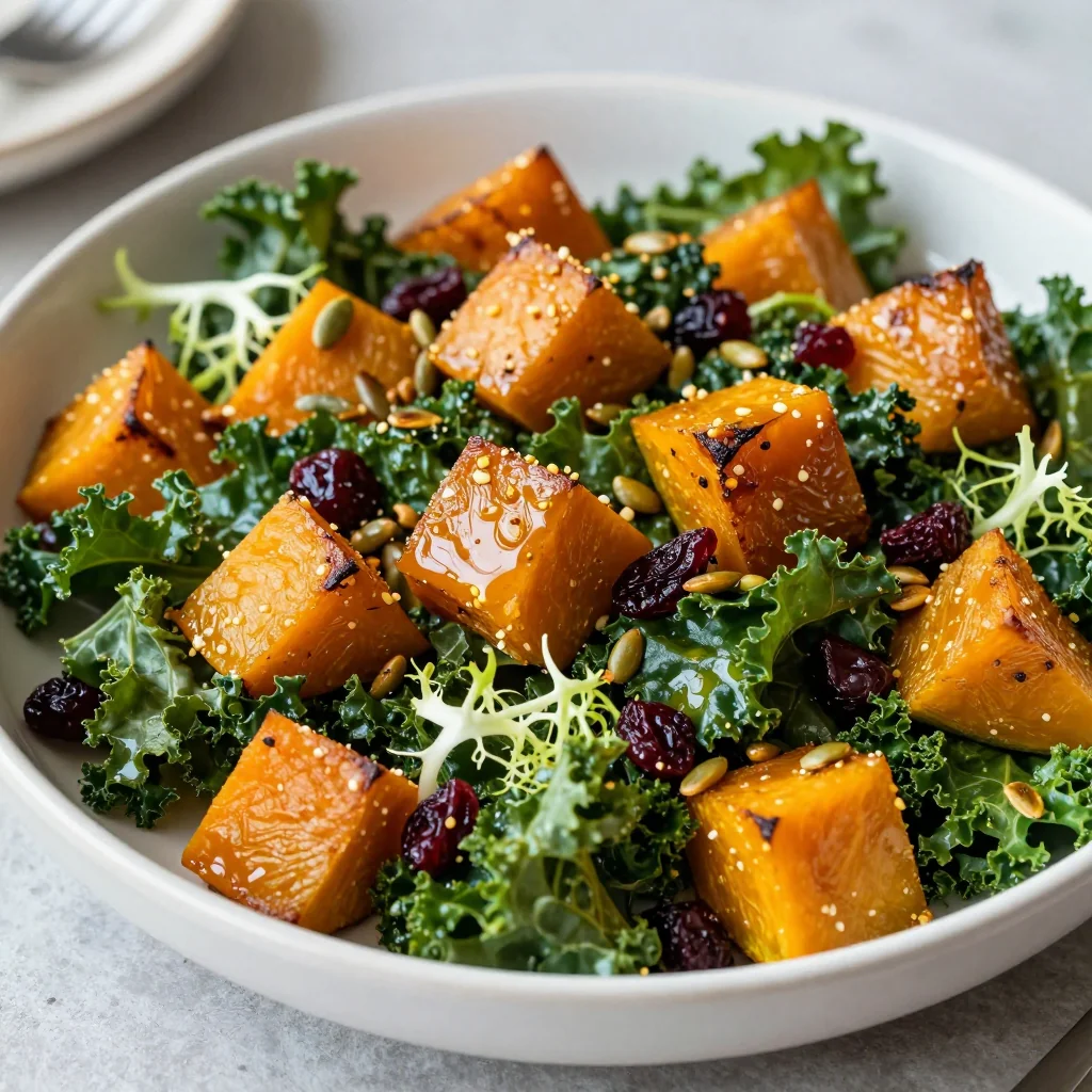 healthy roasted winter squash and kale salad with garlic herb dressing