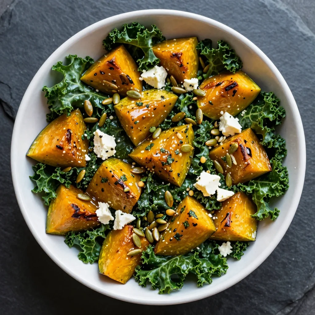 healthy roasted winter squash and kale salad with garlic herb dressing