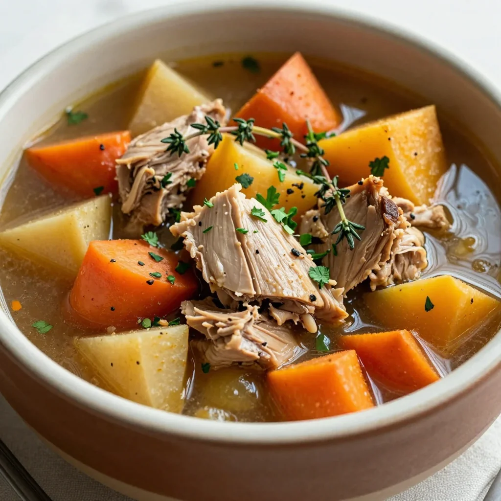 healthy slow cooker turkey and winter vegetable stew with root vegetables