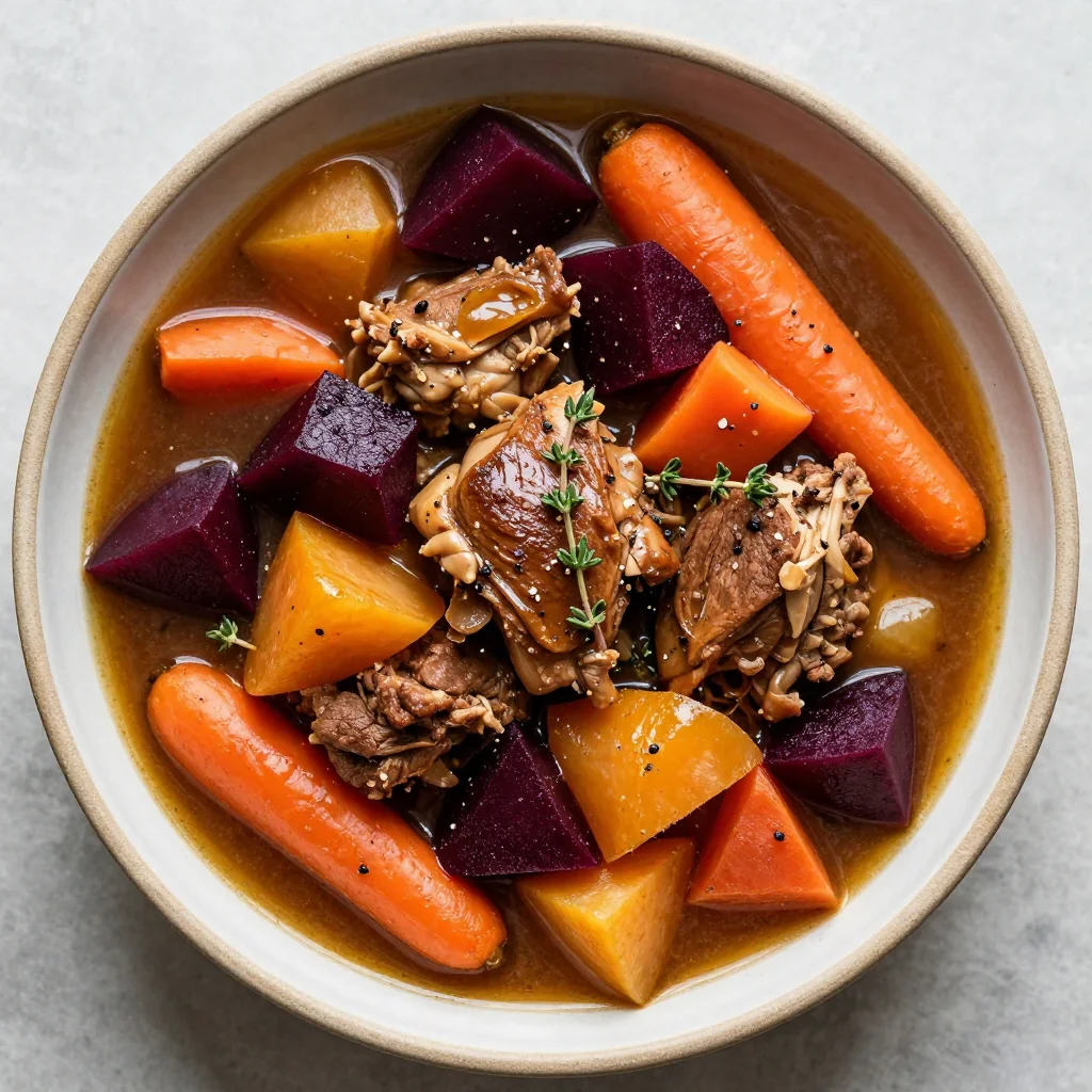 healthy slow cooker turkey and winter vegetable stew with root vegetables