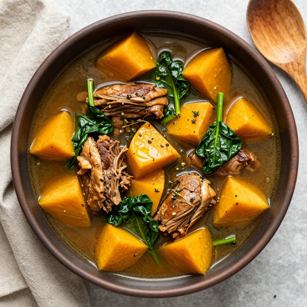 healthy slow cooker turkey stew with winter squash and spinach