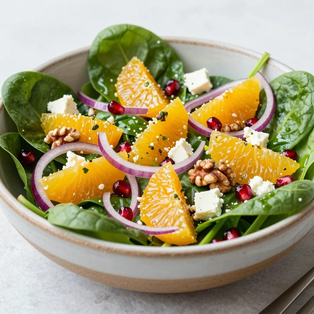 healthy winter salad with spinach oranges and lemon dressing
