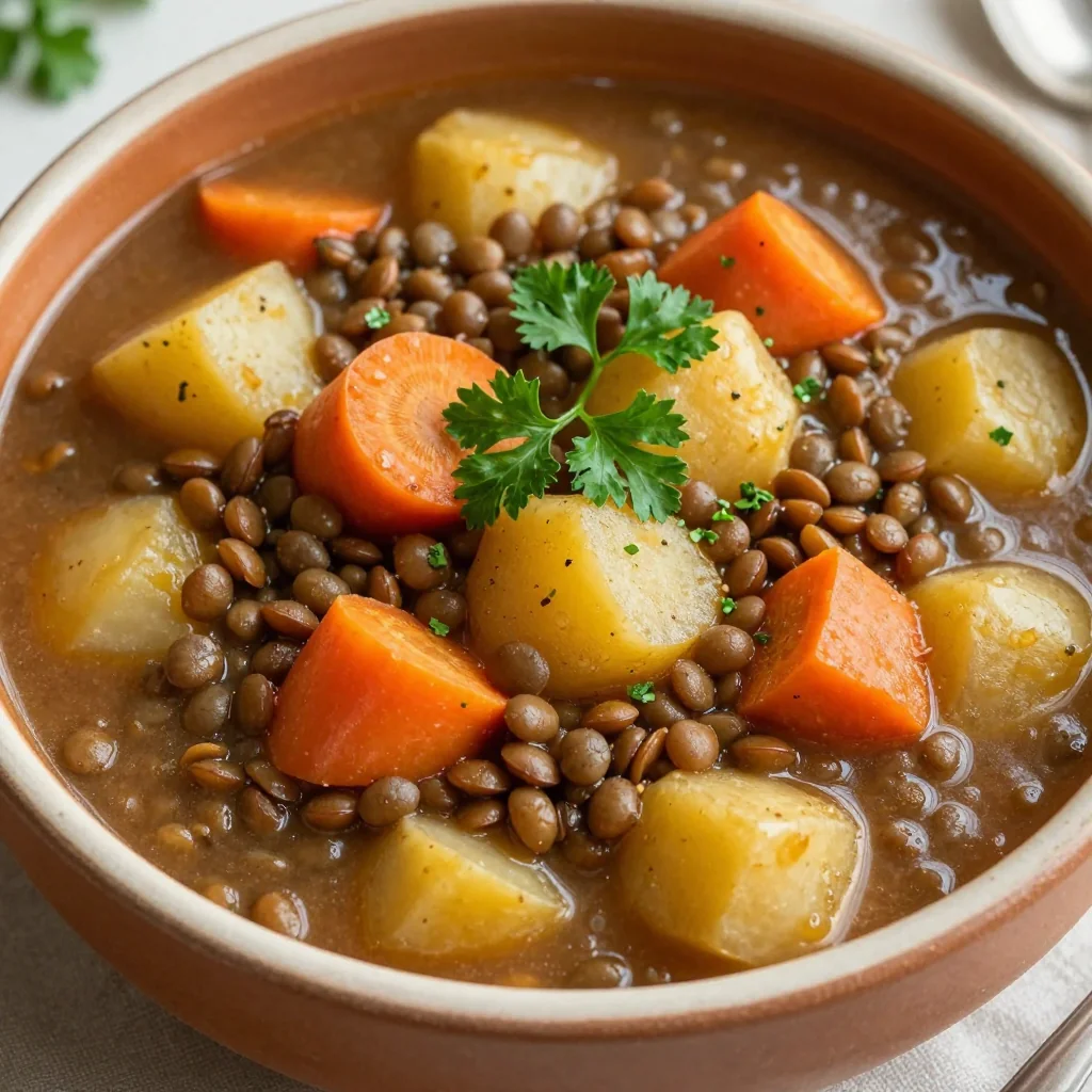 hearty batch cooked lentil and root vegetable stew for family dinner prep