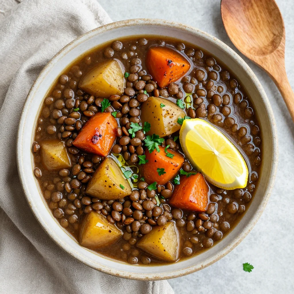 hearty batch cooked lentil and root vegetable stew for family dinner prep