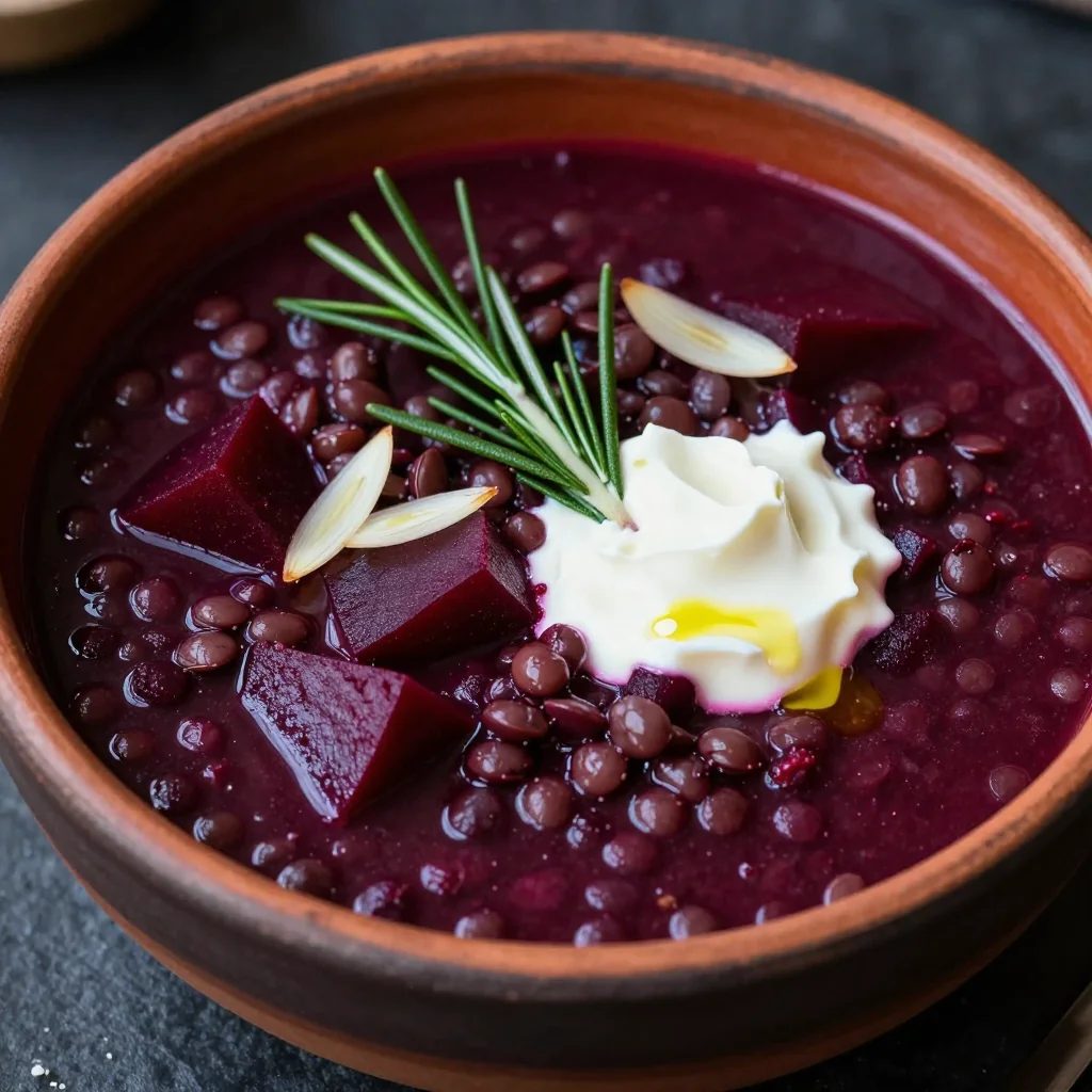 hearty lentil and beet stew with garlic and rosemary for cold nights