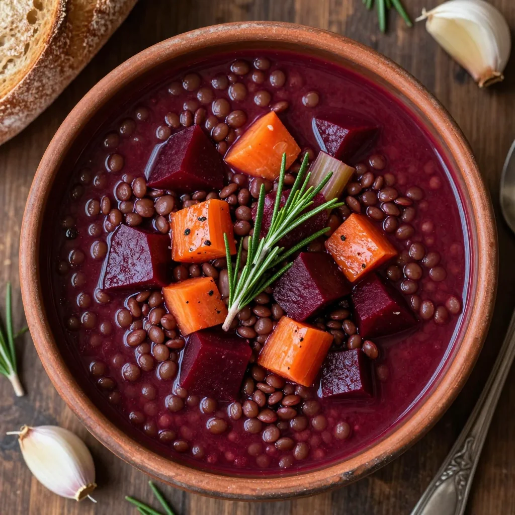 hearty lentil and beet stew with garlic and rosemary for cold nights