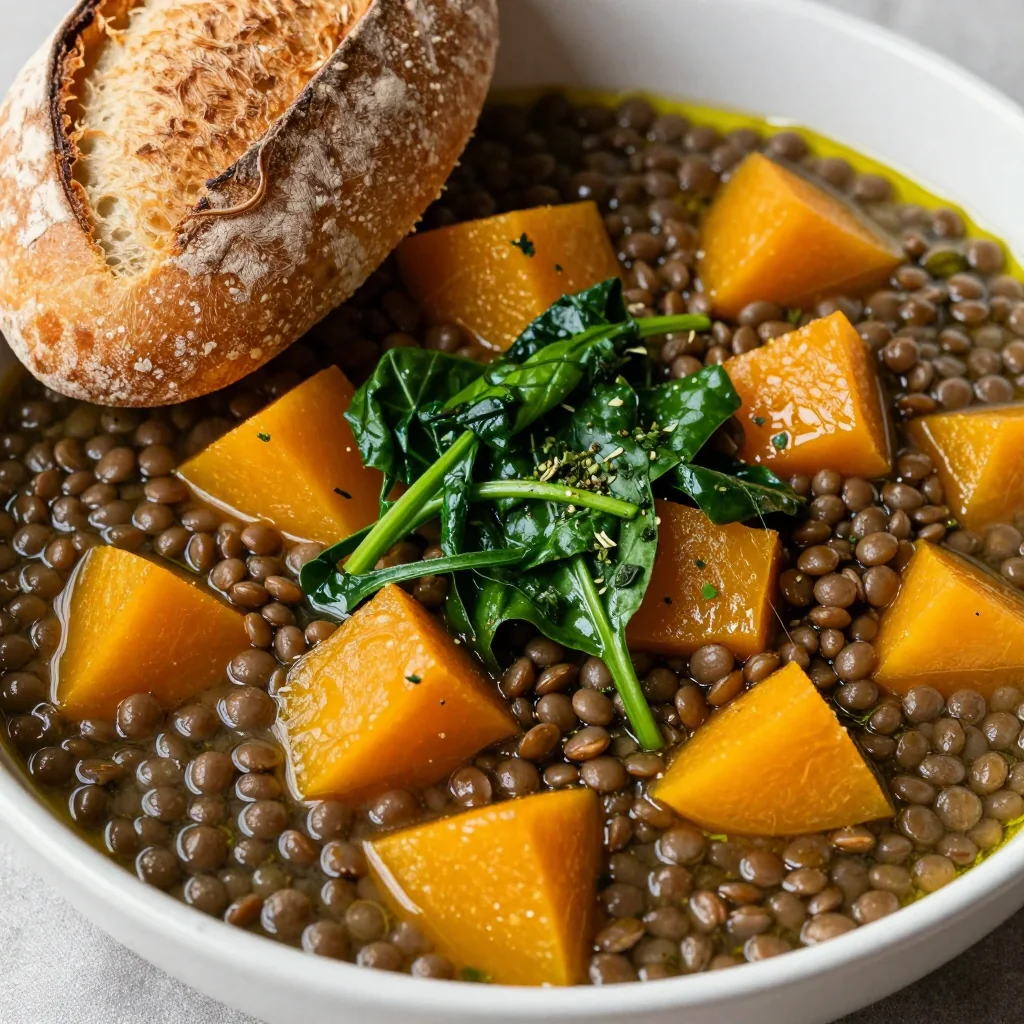 hearty lentil and winter squash stew with fresh spinach