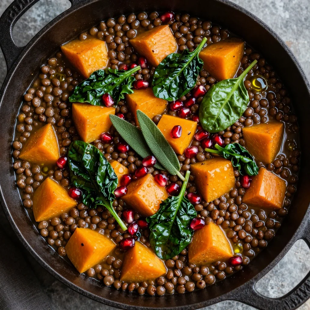 hearty lentil and winter squash stew with fresh spinach