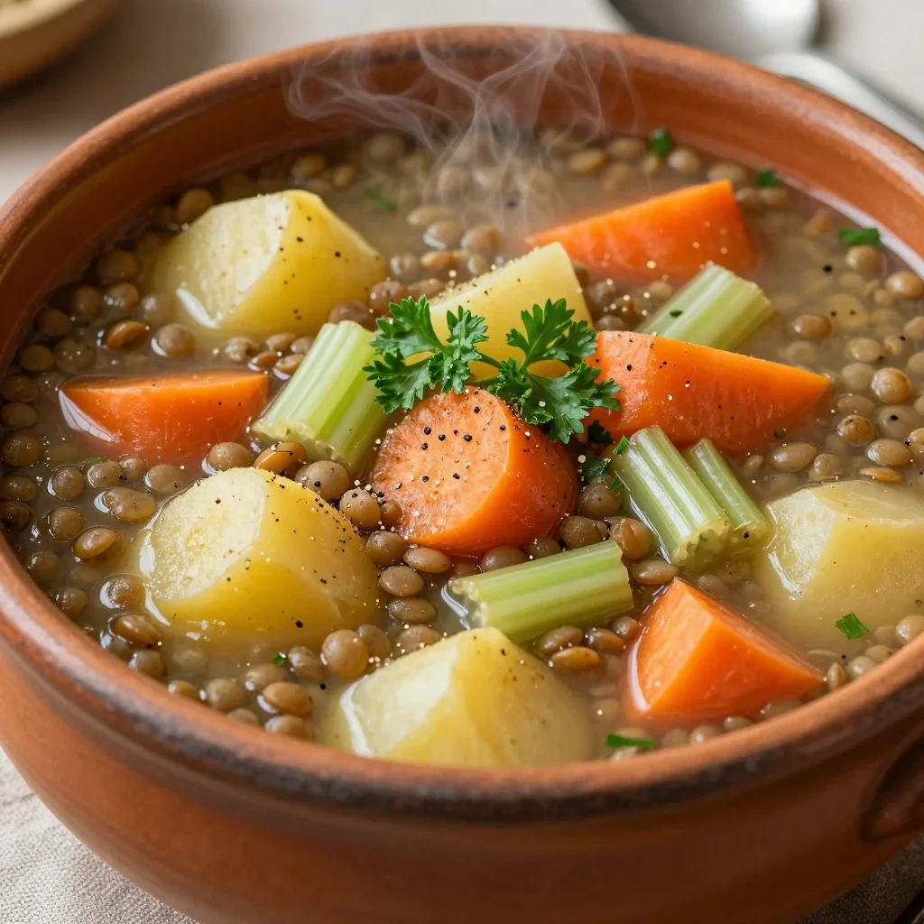 hearty lentil and winter vegetable soup with potatoes for clean eating