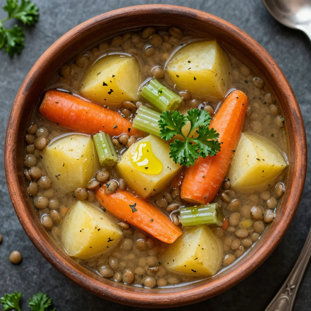 hearty lentil and winter vegetable soup with potatoes for clean eating