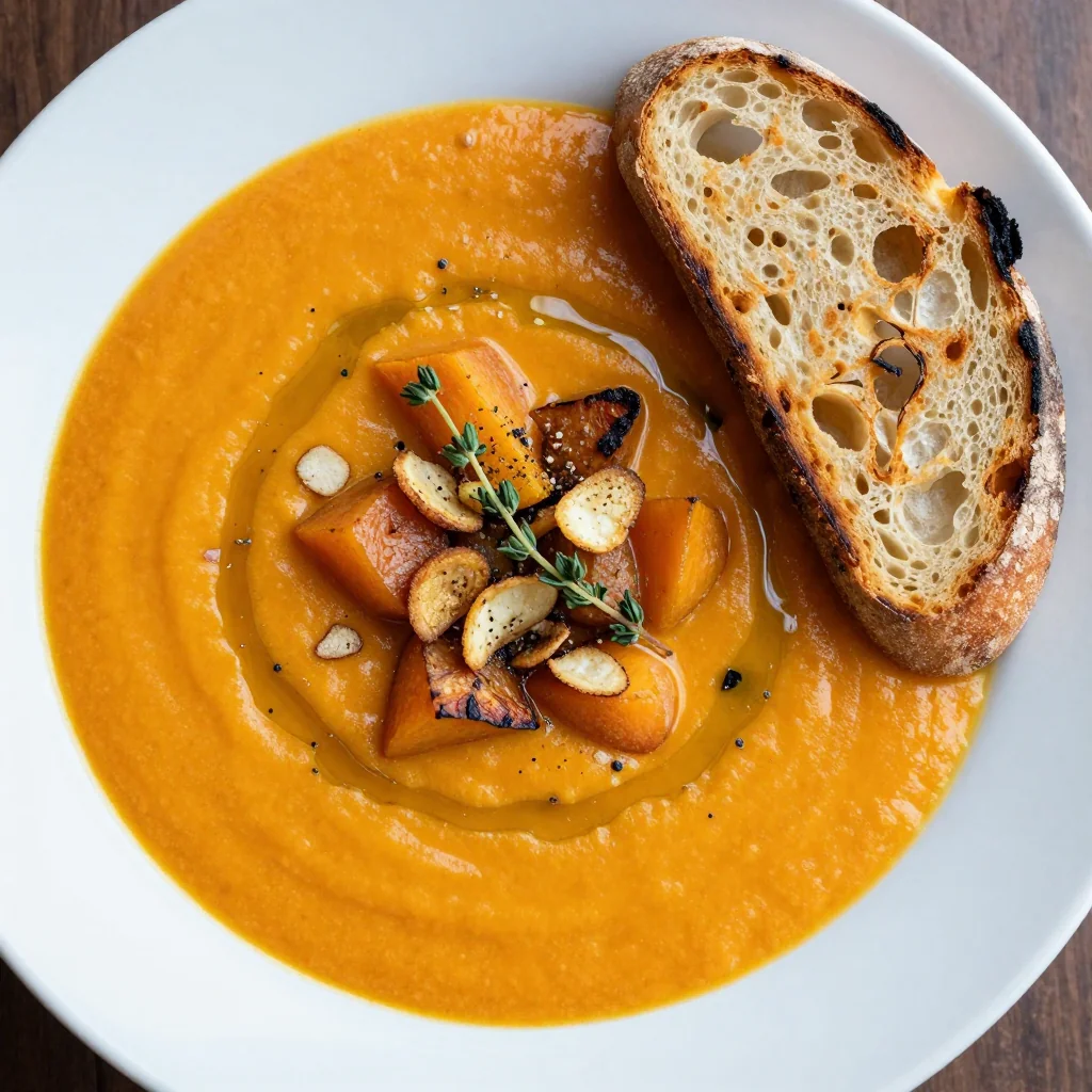 hearty winter root vegetable and sweet potato soup with garlic and thyme