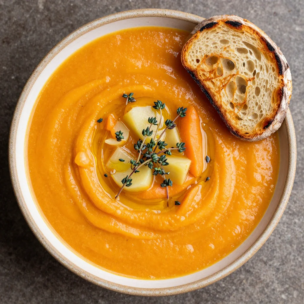 hearty winter root vegetable and sweet potato soup with garlic and thyme