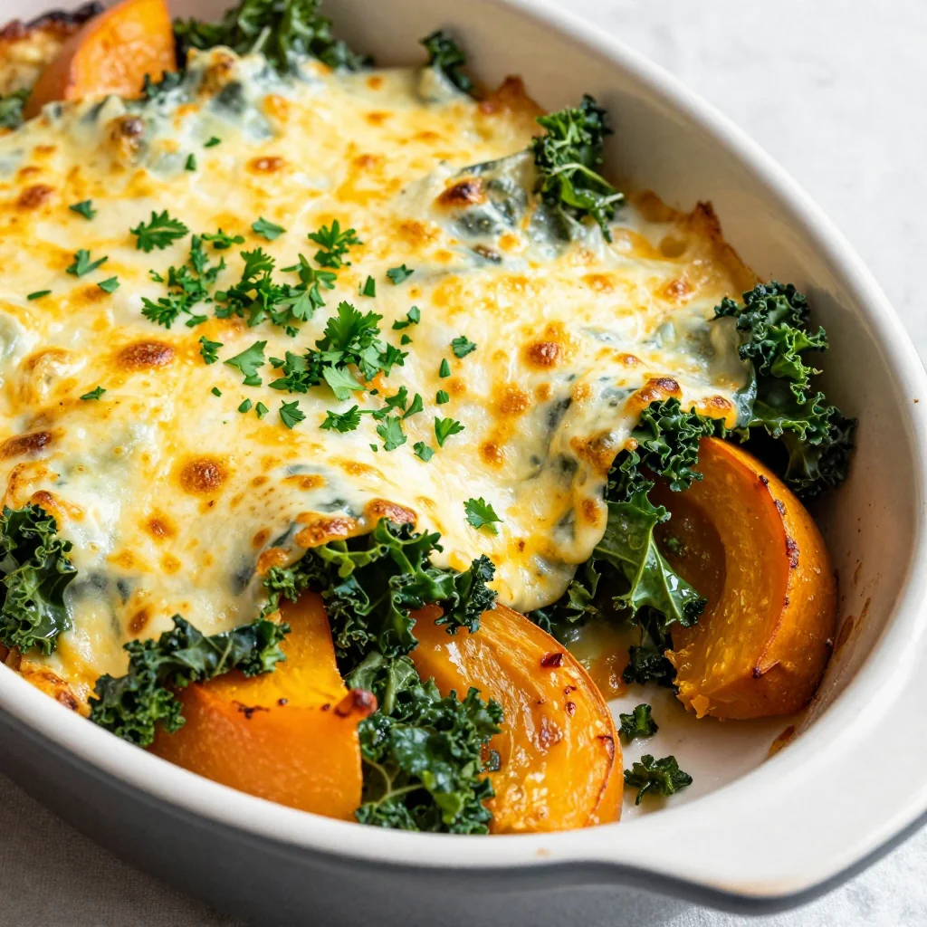 hearty winter squash and kale casserole for healthy comfort food