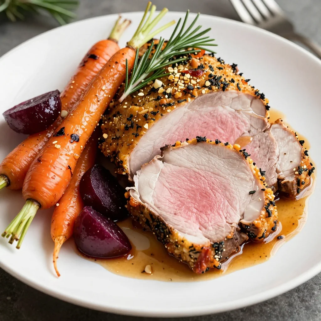 herbcrusted pork roast with roasted root vegetables for holiday dinner