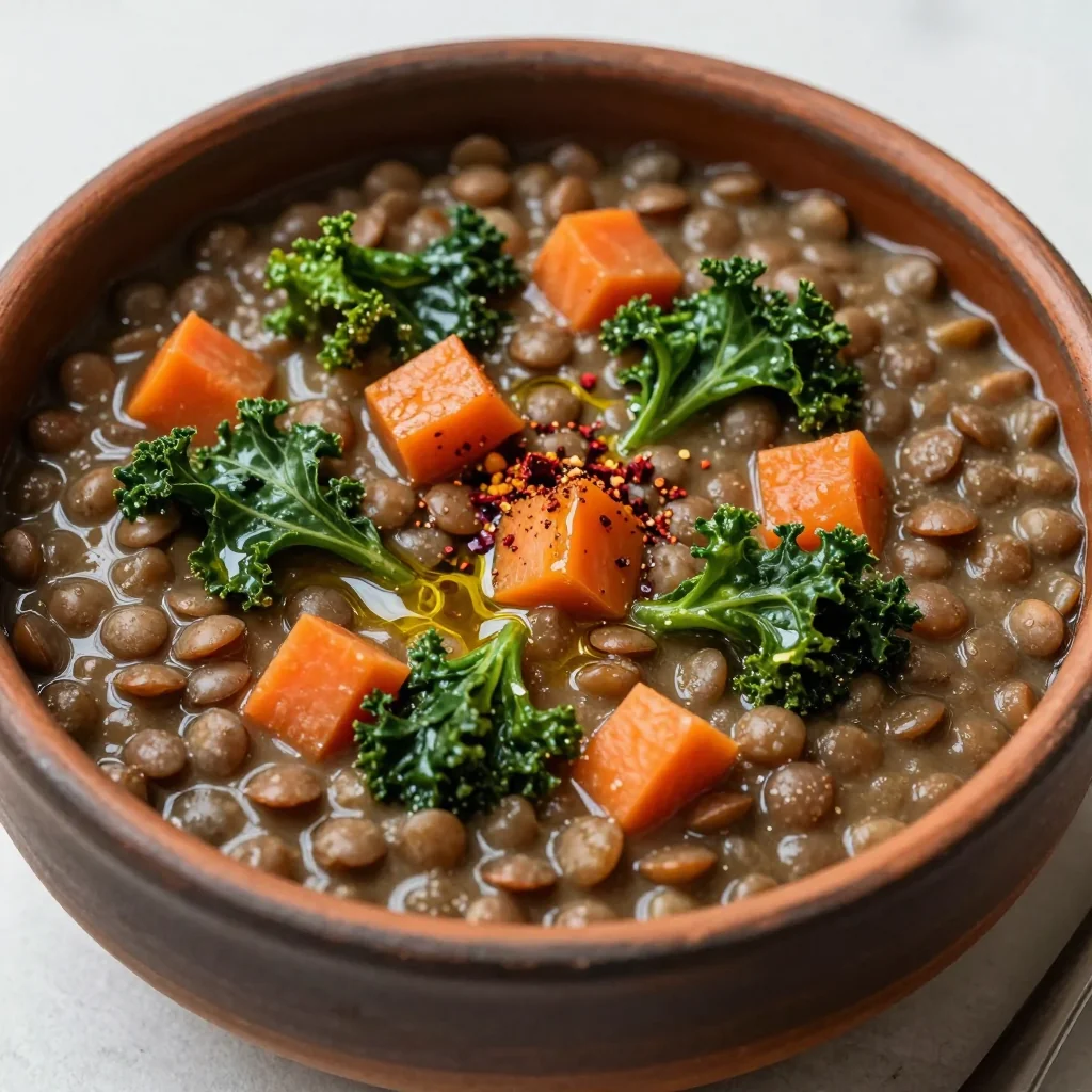 high protein lentil and kale stew with carrots for nourishing dinners