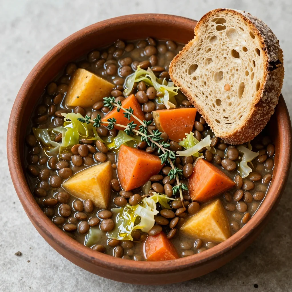 high protein lentil stew with cabbage and winter root vegetables