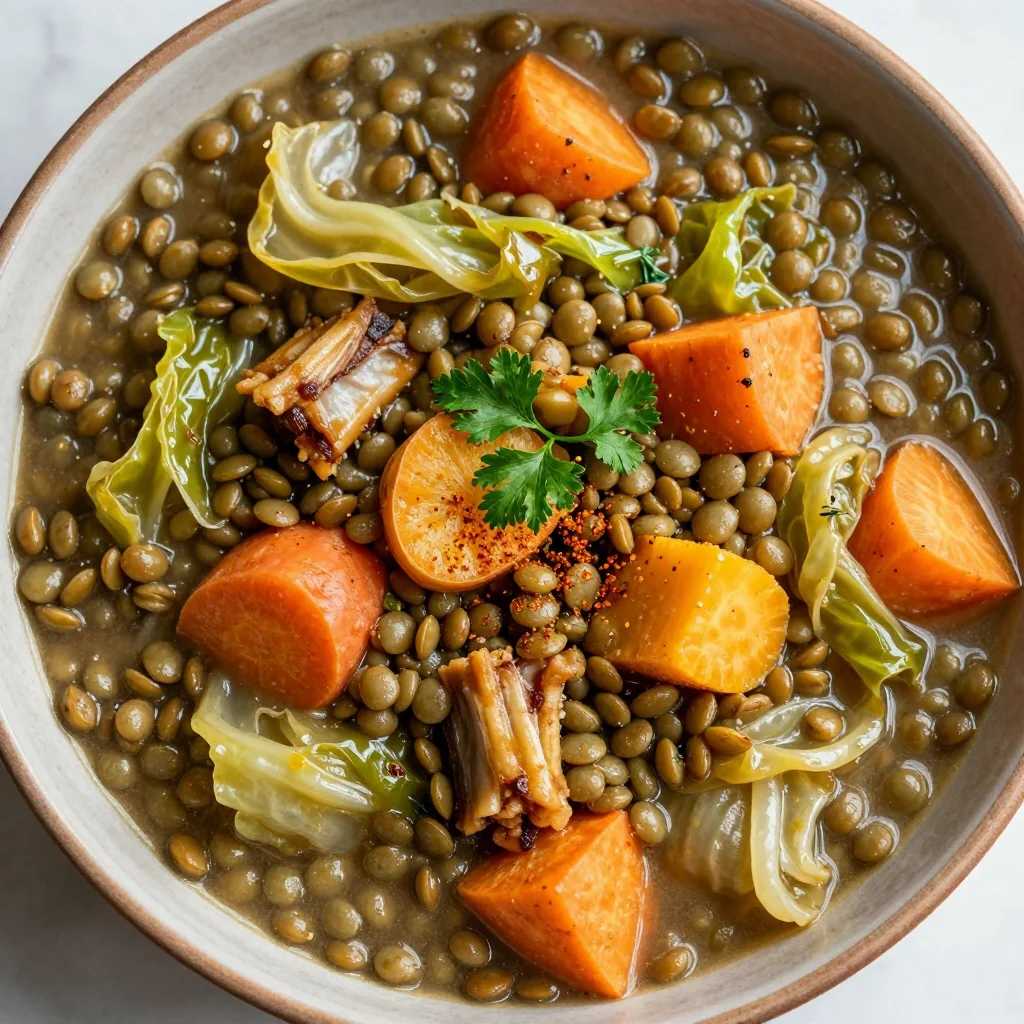 high protein lentil stew with cabbage and winter root vegetables