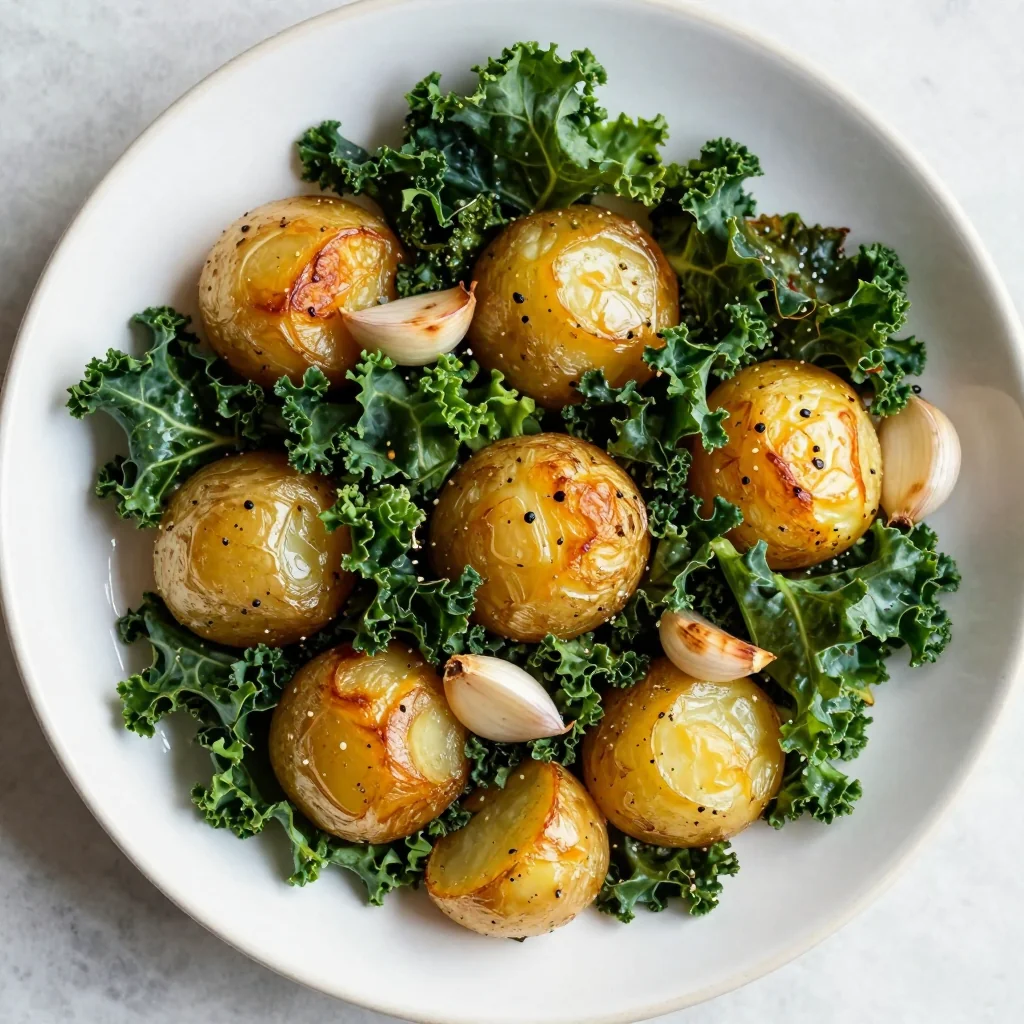 low calorie garlic roasted potatoes and kale for healthy family meals