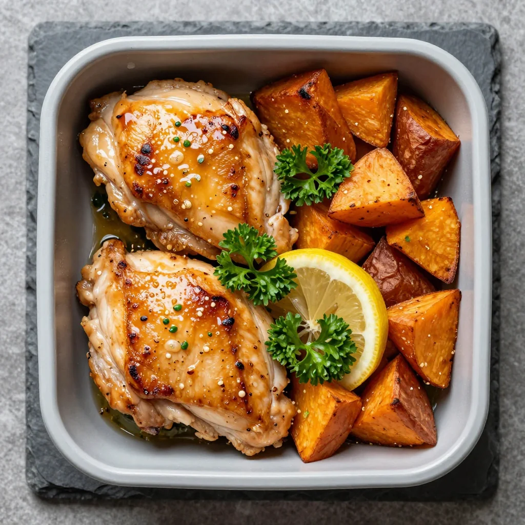 meal prep friendly lemon garlic chicken with roasted sweet potatoes